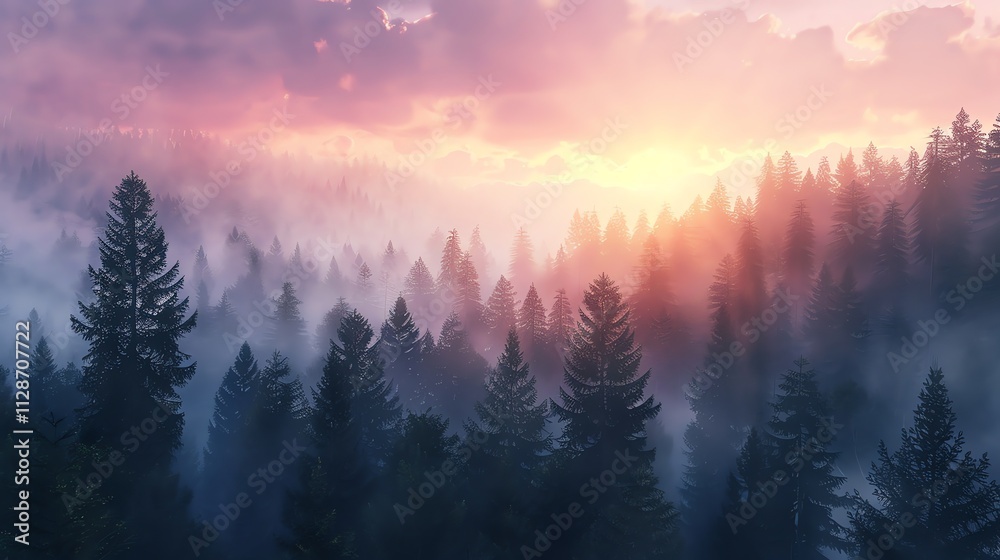 A breathtaking aerial view of a dense forest bathed in the warm glow of a sunrise. A breathtaking aerial view of a dense forest bathed in the warm glow of a sunrise.