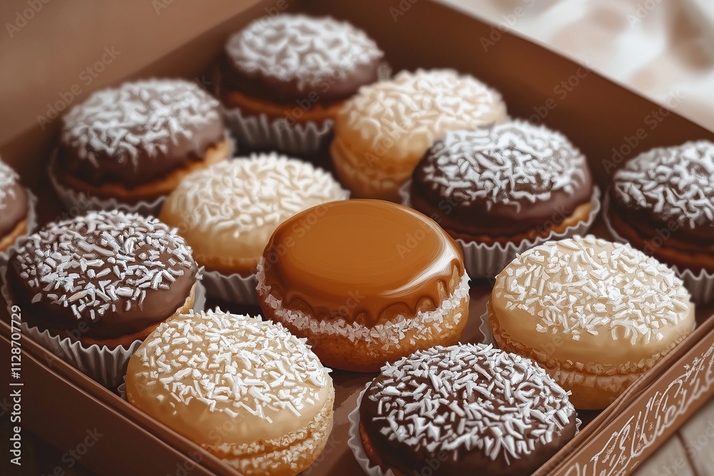 Alfajores.Chocolate-dipped cookies with creamy filling presented in a gift box
Alfajores.Chocolate-dipped cookies with creamy filling presented in a gift box