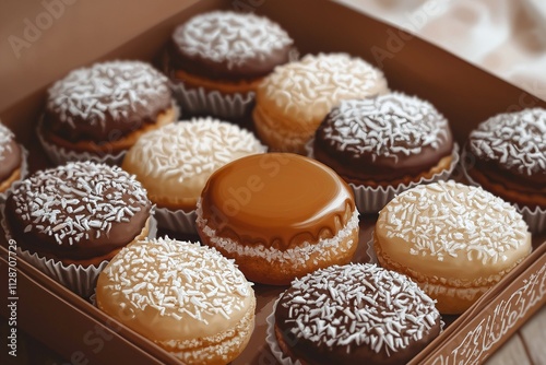 Alfajores.Chocolate-dipped cookies with creamy filling presented in a gift box 