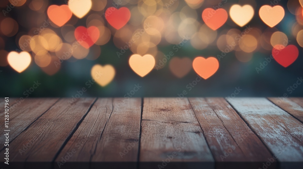 A blurred background of heart-shaped bokeh lights above a rustic wooden table, creating a romantic and cozy atmosphere. A blurred background of heart-shaped bokeh lights above a rustic wooden table, creating a romantic and cozy atmosphere.