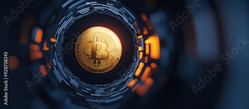 A glowing golden coin is centered within a futuristic, circular, dark tunnel, illuminated by warm light, suggesting themes of wealth and technology. photo