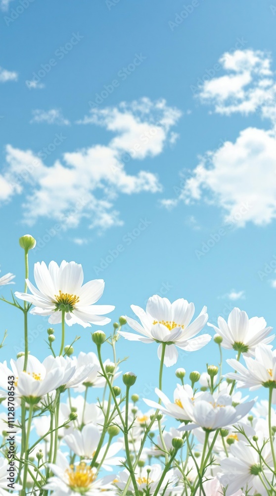 Fototapeta premium Blooming white cosmos flowers with a clear blue sky as a serene background, serene, growth, botanical