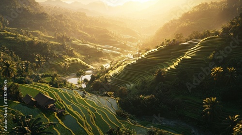 A panoramic view of terraced rice fields carved into the hillsides