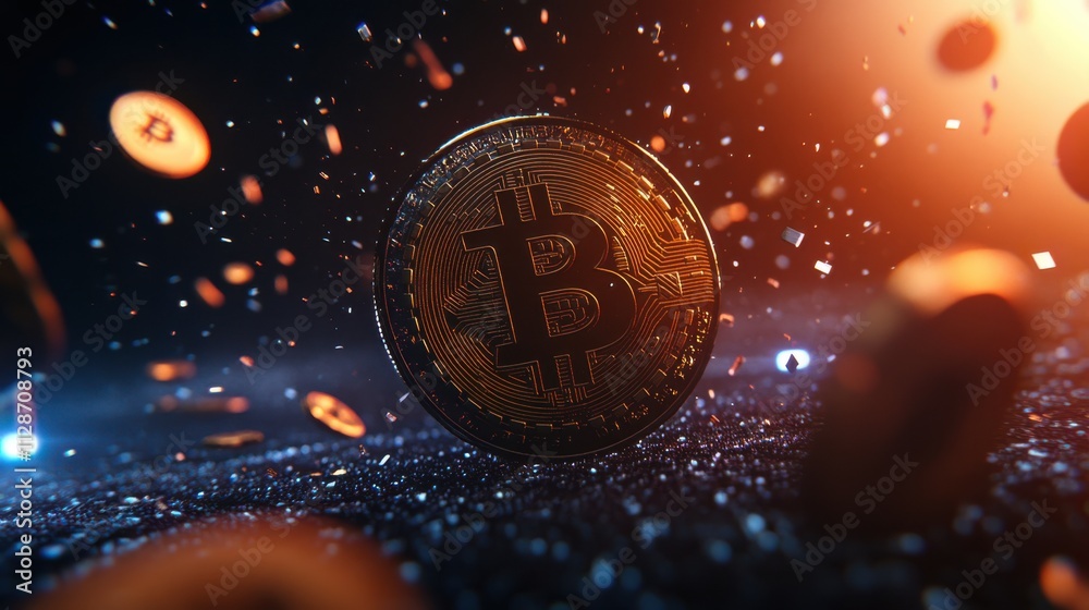 Fototapeta premium A visually striking representation of a Bitcoin coin, surrounded by floating coins, against a dynamic background of light and particles.