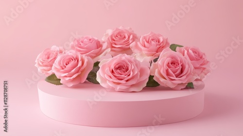 Empty podium with pink roses on pastel pink background to display products gift or cosmetics