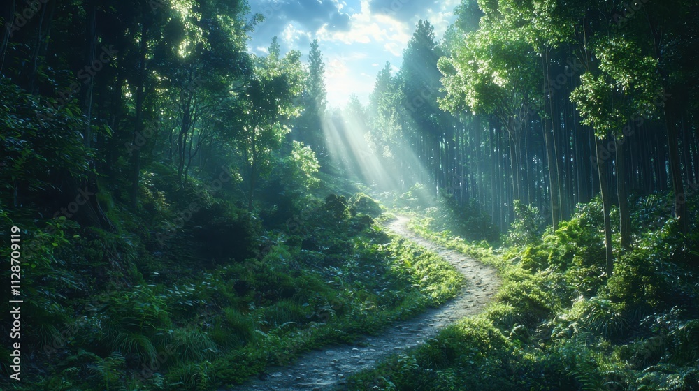 Exploring a serene hiking trail through a lush forest illuminated by sunlight inviting nature enthusiasts to experience tranquility Exploring a serene hiking trail through a lush forest illuminated by sunlight inviting nature enthusiasts to experience tranquility