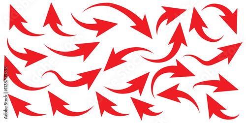 Set of curved arrows isolated on white background. Curved arrows, hand drawn curved arrows. Set long blue curve arrow icon vector . Red curve arrow icon set. long arrow icon set. curve arrow vector.