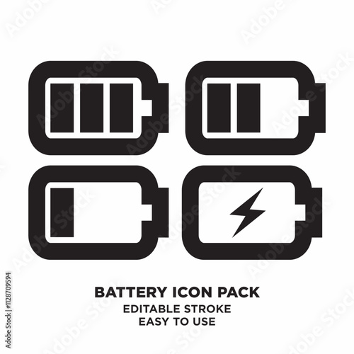 A flat design battery icon pack featuring various battery levels, symbols, and styles, representing power status and energy usage. photo