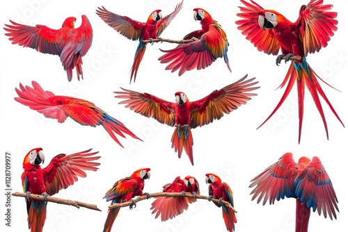 Isolated image of a red macaw bird perched on a branch against a white background. Generative Ai