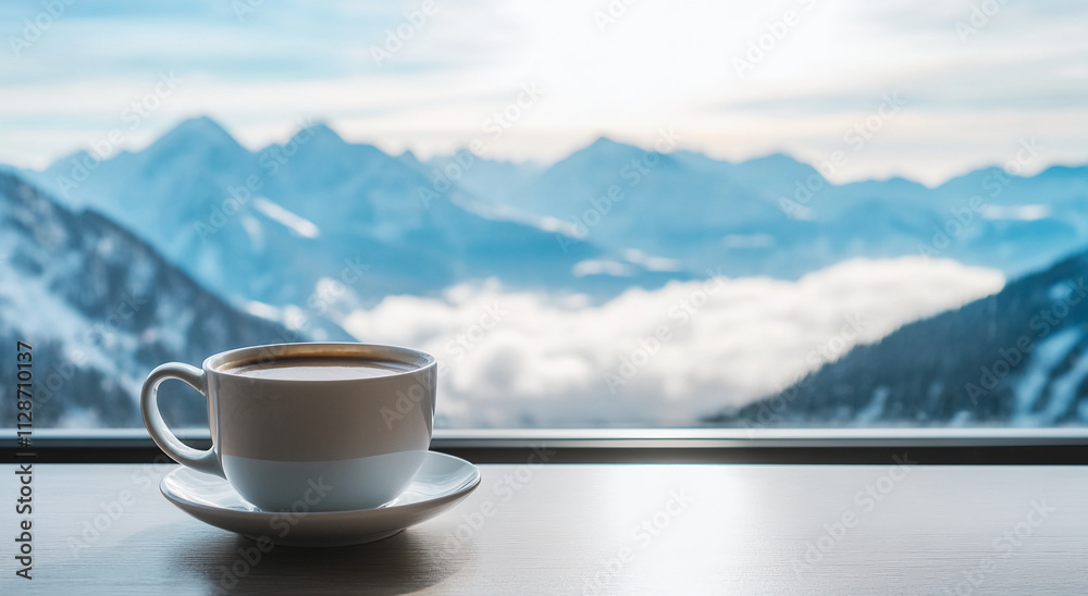 Enjoying hot beverage with stunning mountain view during tranquil morning Enjoying hot beverage with stunning mountain view during tranquil morning