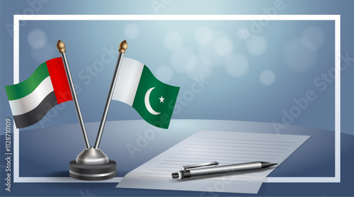 United Arab Emirate and Pakistan National flags on small table with bokeh background, cooperative relationship