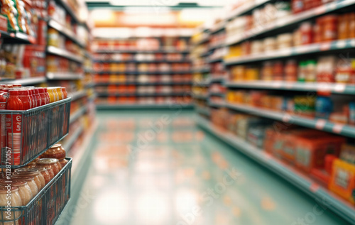 a grocery store aisle with shelves stocked with various food items, including cans and boxes. The shelves are arranged in a neat, orderly fashion, and the aisle appears to be well-li