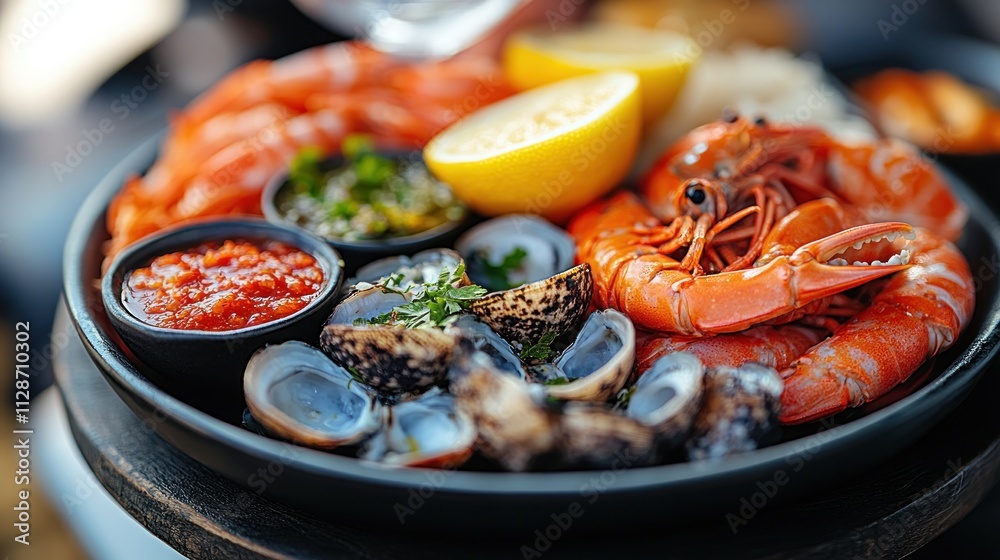 Delicious seafood platter with prawns, clams, and lemon. Delicious seafood platter with prawns, clams, and lemon.