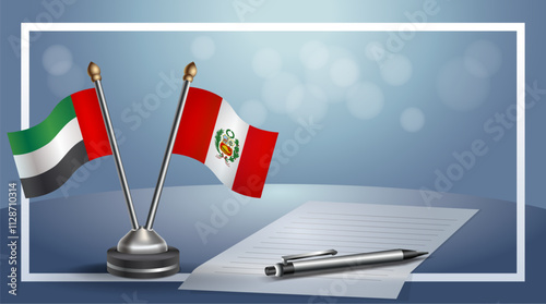 United Arab Emirate and Peru National flags on small table with bokeh background, cooperative relationship