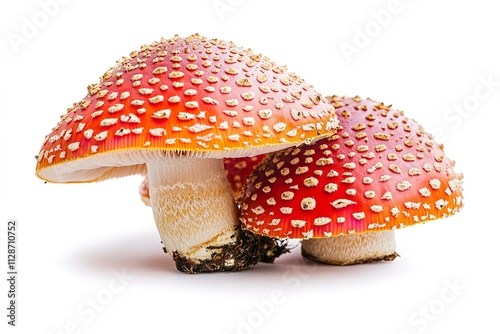 Agaric Red Fly Mushrooms Isolated Amanita Muscari against a white backdrop. Generative Ai
