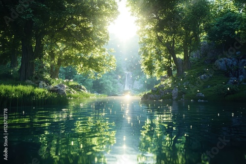 Captivating reflections on a serene lake enchanted forest nature photography tranquil environment sunlit viewpoint magical atmosphere photo