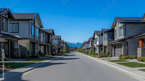 Sustainable townhouses with solar panels and greenery, emphasizing eco-friendly urban living, renewable energy, and modern residential architecture in Washington, USA.