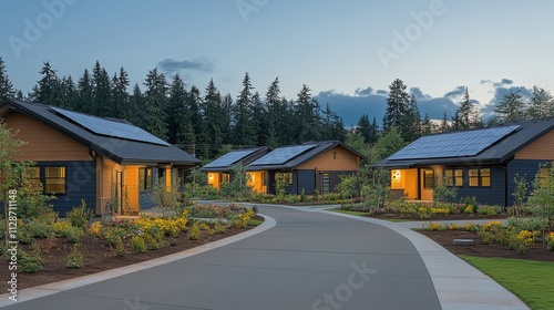 Sustainable townhouses with solar panels and greenery, emphasizing eco-friendly urban living, renewable energy, and modern residential architecture in Washington, USA.