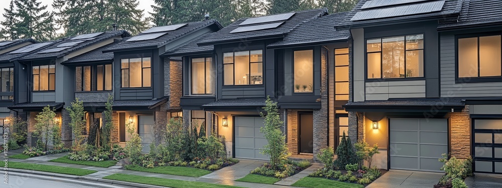Sustainable townhouses with solar panels and greenery, emphasizing eco-friendly urban living, renewable energy, and modern residential architecture in Washington, USA. Sustainable townhouses with solar panels and greenery, emphasizing eco-friendly urban living, renewable energy, and modern residential architecture in Washington, USA.