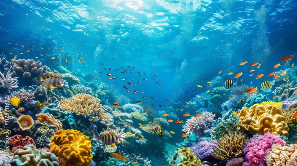 Naklejka premium A beautiful view of the seabed during the day, with lots of coral and sea animals swimming, depicting a peaceful atmosphere.