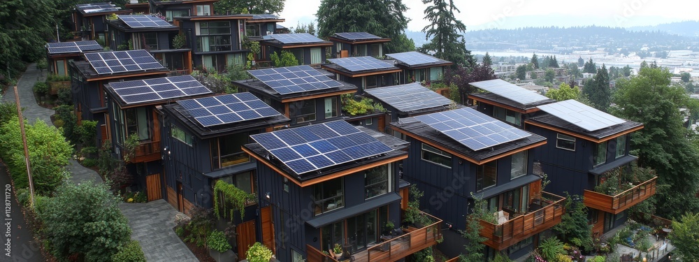 Fototapeta premium Sustainable townhouses with solar panels and greenery, emphasizing eco-friendly urban living, renewable energy, and modern residential architecture in Washington, USA.