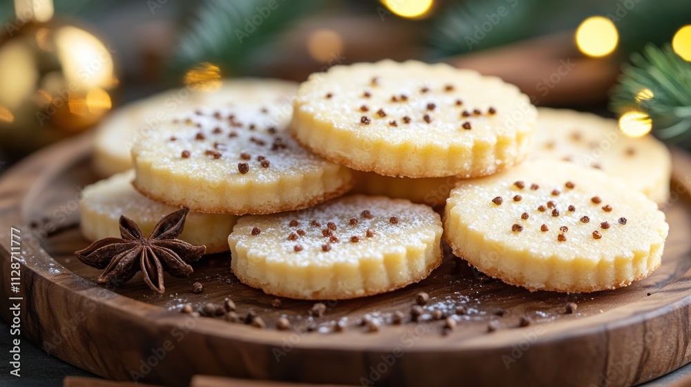 Delicious shortbread cookies with spice topping on wooden board. Delicious shortbread cookies with spice topping on wooden board.