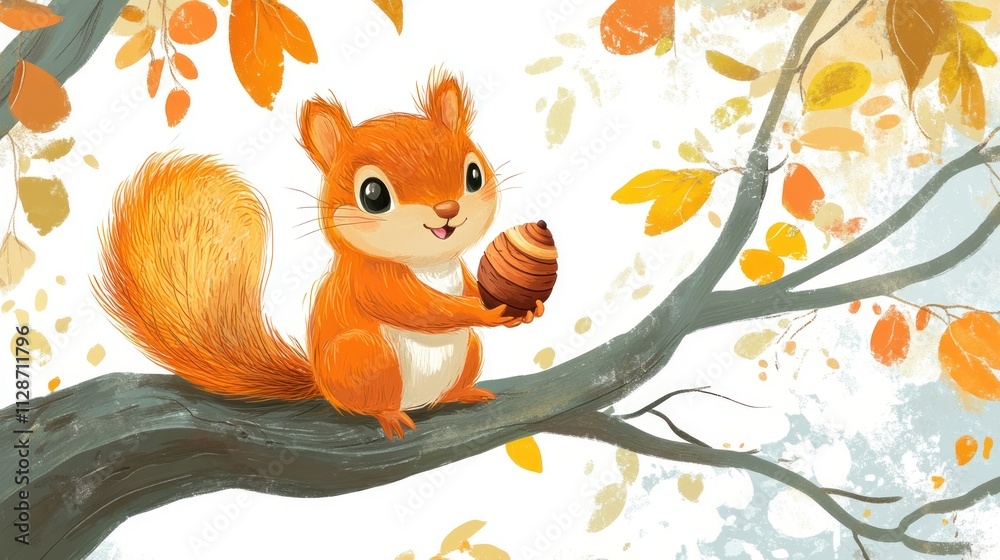 Fototapeta premium Adorable Squirrel Holding Acorn Autumn Tree Branch
