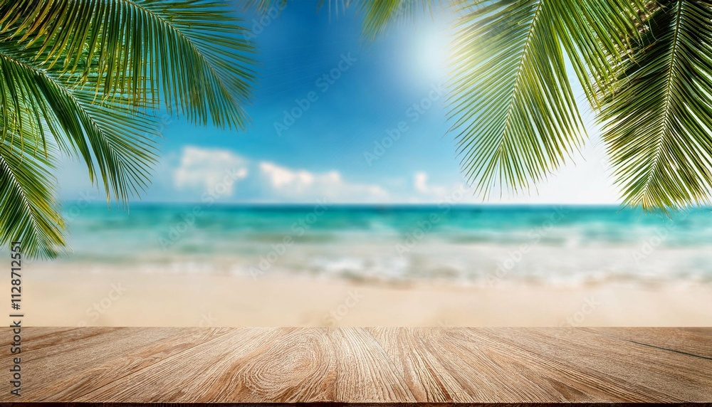 top of wood table with seascape and palm leaves blur bokeh light of calm sea and sky at tropical beach background