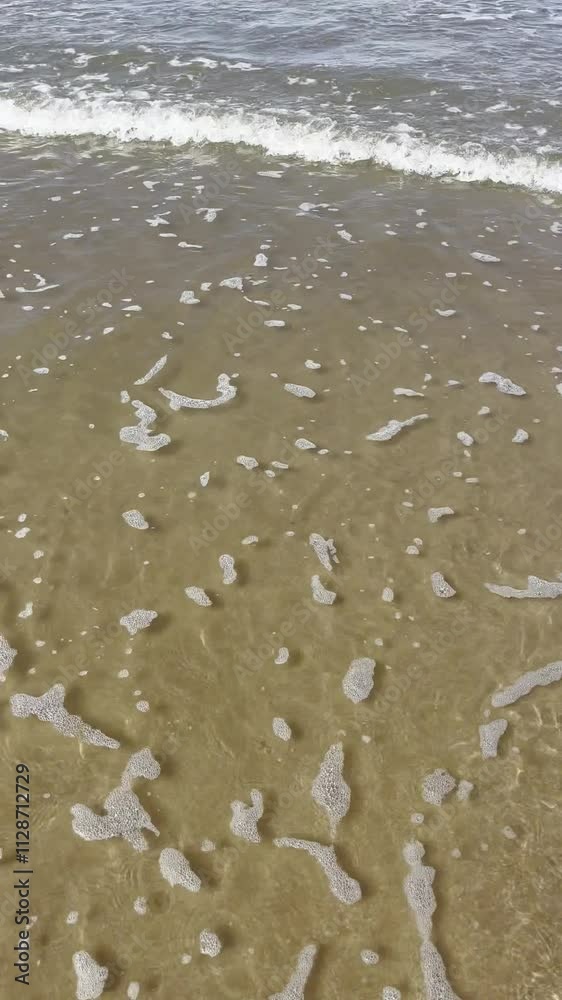 A man's legs walk along a sandy beach on the Baltic Sea, showing the sea waves rolling onto the shore. Latvia A man's legs walk along a sandy beach on the Baltic Sea, showing the sea waves rolling onto the shore. Latvia