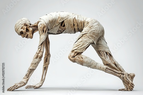 Isolated on a white backdrop is a realistic ancient undead walking mummy in a dynamic pose. Generative Ai