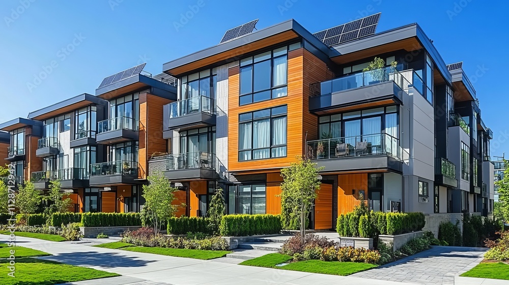 Sustainable townhouses with solar panels and greenery, emphasizing eco-friendly urban living, renewable energy, and modern residential architecture in Washington, USA. Sustainable townhouses with solar panels and greenery, emphasizing eco-friendly urban living, renewable energy, and modern residential architecture in Washington, USA.