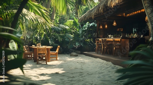 Fototapeta Naklejka Na Ścianę i Meble -  A cozy secluded beach bar shaded by lush jungle plants with handcrafted wooden furniture.