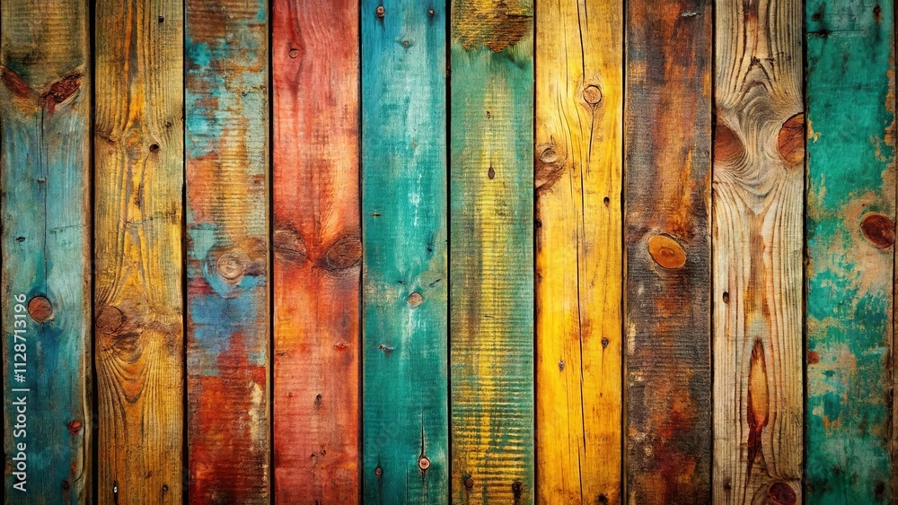 A Vibrant Tapestry of Weathered Wooden Planks, Each Bearing the Marks of Time and the Traces of Color A Vibrant Tapestry of Weathered Wooden Planks, Each Bearing the Marks of Time and the Traces of Color