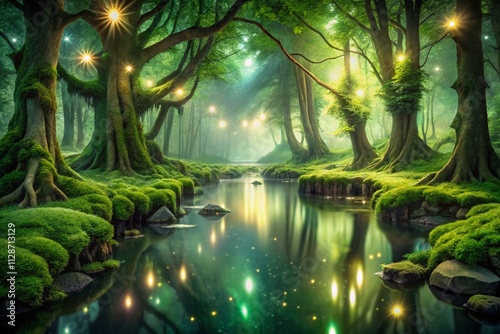 Captivating Fairy Tale Forest at Night with a Glowing Green Pond Illuminating the Enchanted Landscape and Creating a Magical Atmosphere for Dreamy Exploration