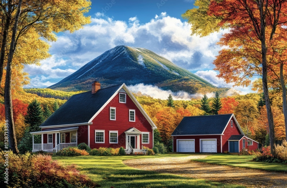 Red and white two-story New England farmhouse with large front porch, surrounded by green grass Red and white two-story New England farmhouse with large front porch, surrounded by green grass