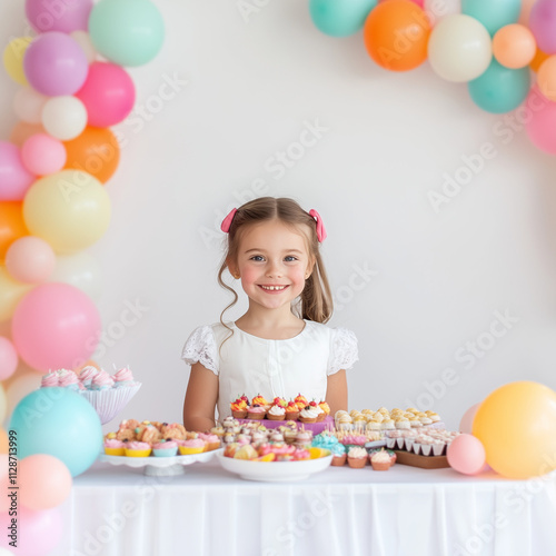 a cute little girl celebrating her birthday is standing next to the table waiting for guests, on the table there are various cakes around different colored balloons, space for celebrations.AI