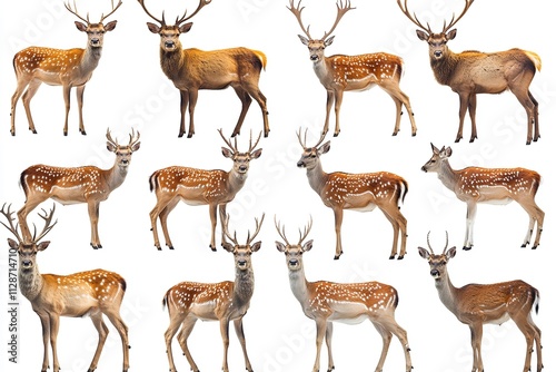 An illustration of a red deer group standing sideways on a white backdrop. Generative Ai