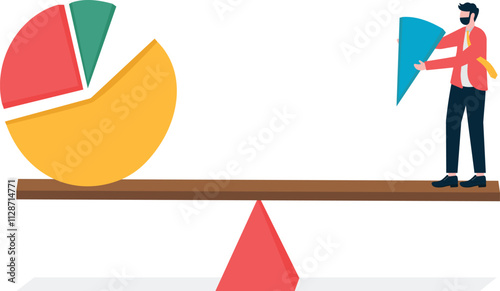 Portfolio Rebalancing or asset allocation. Businessman or investor Stand on the pie chart to balance your investment portfolio according to the economic conditions.
