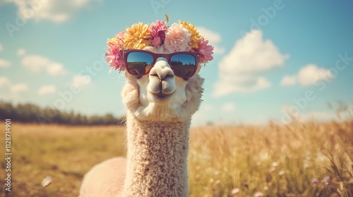 A fluffy alpaca wearing a flower crown and sunglasses standing in a sunny meadow.