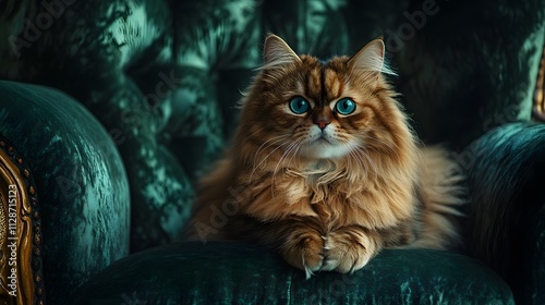 A fluffy Persian cat gazing into the camera with wide sparkling blue eyes sitting on a velvet chair.