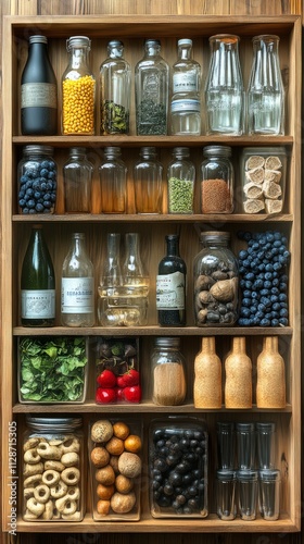 Visual feast of fresh produce and pantry staples organized in jars and bottles, showcasing vibrant colors and textures in a modern kitchen setting