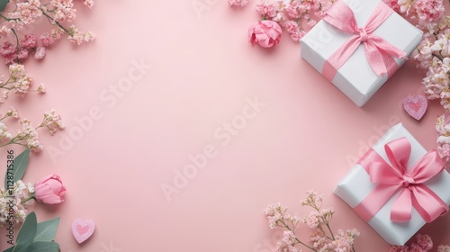 Happy Mothers Day Womens Day Valentines Day or Birthday Pastel Candy Colors Background Floral flat lay greeting card with beautifully wrapped present and copy space photo