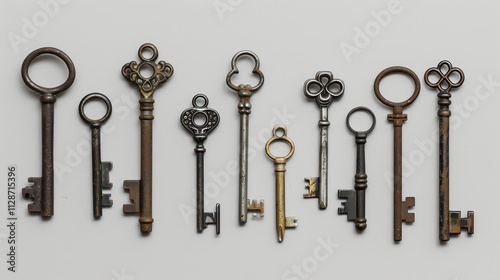 An assortment of antique keys arranged in a row.