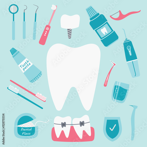 Dental care set, hygiene products. Vector icons