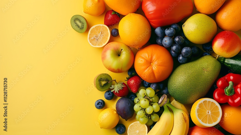 A variety of colorful fruits and vegetables scattered on a yellow background. A variety of colorful fruits and vegetables scattered on a yellow background.