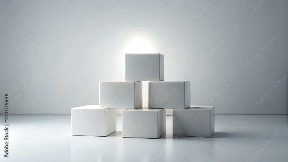 A pyramid of pristine white cubic forms arranged symmetrically on a sleek, reflective surface, bathed in soft, diffused light. A pyramid of pristine white cubic forms arranged symmetrically on a sleek, reflective surface, bathed in soft, diffused light.