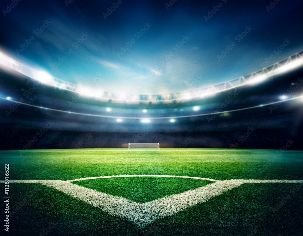 Obraz premium stadium, football, soccer, night, empty, arena, smoke, background, texture, grass, sport, green, team, game, winner, modern, event, field, ball, ground, 