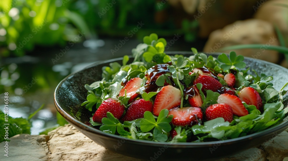 A fresh shamrock salad with strawberries and balsamic glaze, set on a rustic stone table with natural greenery in the background A fresh shamrock salad with strawberries and balsamic glaze, set on a rustic stone table with natural greenery in the background