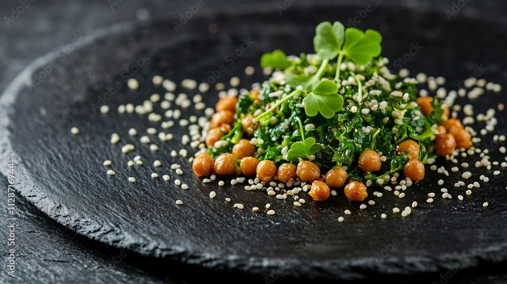 A minimalist presentation of shamrock salad with roasted chickpeas, on a dark slate plate with scattered seeds as decoration A minimalist presentation of shamrock salad with roasted chickpeas, on a dark slate plate with scattered seeds as decoration