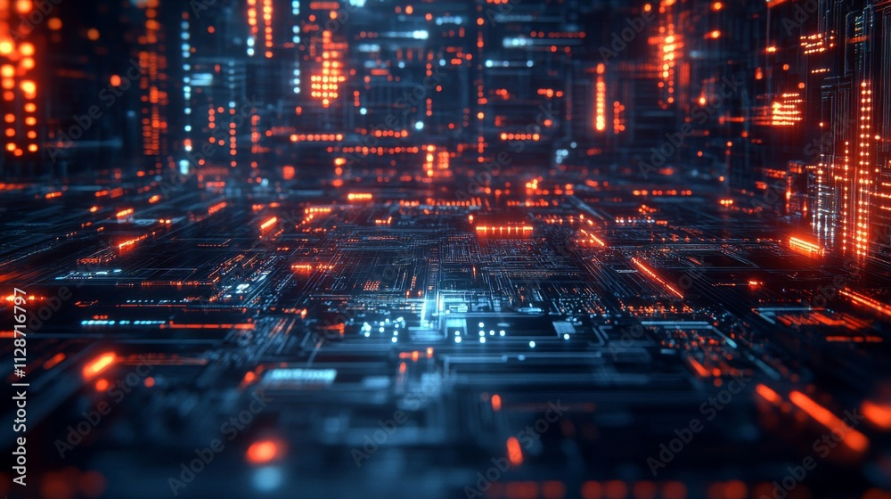 Abstract Circuit Board with Glowing Orange and Blue Lines Abstract Circuit Board with Glowing Orange and Blue Lines